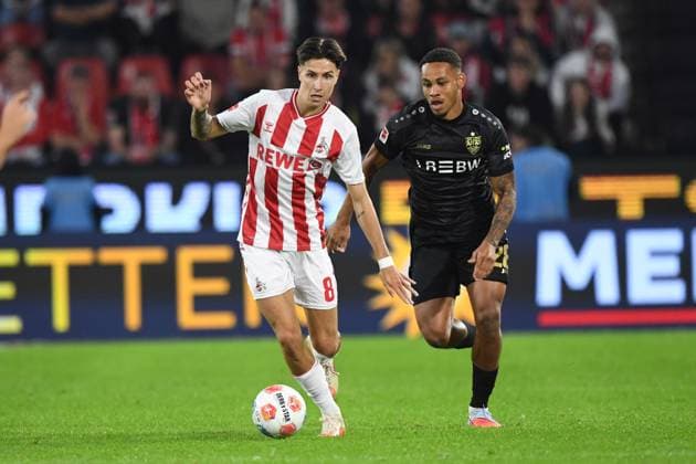 Denis HUSEINBASIC K vs Nikolas NARTEY S Action, Duel, Soccer 1 Bundesliga, 5 Matchday, matchday5, 1 FC Koeln K VfB Stuttgart S 1 2 on 31 08 2025 in Koeln Germany DFL regulations prohibit any use of photographs as image sequences and or quasi video Â