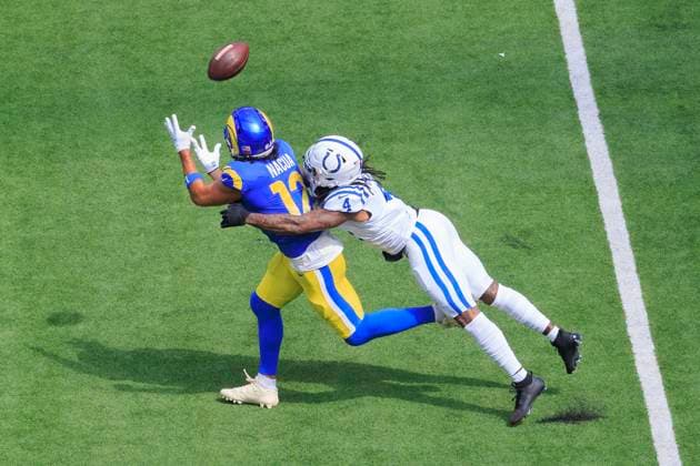 September 28, 2025, Inglewood, California, USA: 12 Puka Nacua, WR of the Los Angeles Rams completes a pass as 4 Xavien Howard, CB of the Indianapolis Colts tackles him during their regular NFL, American Football Herren, USA season game on Sunday September 28, 2025 at SoFi Stadium in Inglewood, California. ARIANA RUIZ PI Inglewood USA - ZUMAp124 20250928_zaa_p124_026 Copyright: xArianaxRuizx