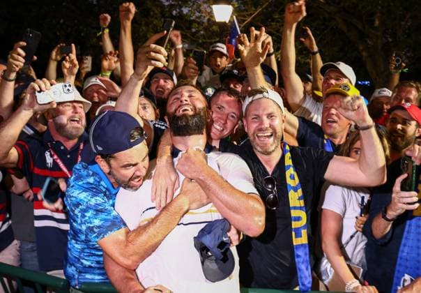 Jon Rahm of Team Europe celebrates with fans 2025 Ryder Cup, Day Three, Singles, Golf, Bethpage Black Golf Course, New York, USA - 28 Sep 2025New York Bethpage Black Golf Course New York (NY) United States of America EDITORIAL USE ONLY No use with unauthorised audio, video, data, fixture lists, club league logos or live services. Online in-match use limited to 120 images, no video emulation. No use in betting, games or single club league player publications. Copyright: xJamesxMarsh Shutterstockx 15500197lw