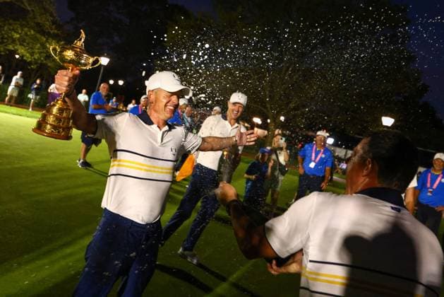Luke Donald, Captain of Team Europe celebrates with champagne after victory 2025 Ryder Cup, Day Three, Singles, Golf, Bethpage Black Golf Course, New York, USA - 28 Sep 2025New York Bethpage Black Golf Course New York (NY) United States of America EDITORIAL USE ONLY No use with unauthorised audio, video, data, fixture lists, club league logos or live services. Online in-match use limited to 120 images, no video emulation. No use in betting, games or single club league player publications. Copyright: xJamesxMarsh Shutterstockx 15500197me