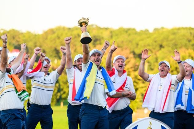 250928 Ludvig Aberg of Team Europe celebrates after winning the Ryder Cup on day 3 of the Ryder Cup on September 28, 2025 in New York Photo Jesper Zerman BILDBYRAN kod JZ JZ0619 golf ryder cup day 3 bbeng jubel  Copyright: JESPERxZERMAN BB250928JZ064
