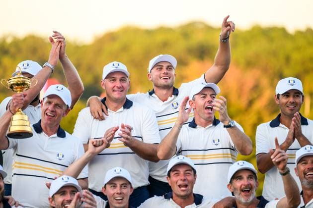 250928 Sepp Straka, Ludvig Aberg and Rory McIlroy of Team Europe celebrate after winning the Ryder Cup on day 3 of the Ryder Cup on September 28, 2025 in New York Photo Jesper Zerman BILDBYRAN kod JZ JZ0619 golf ryder cup day 3 bbeng jubel  Copyright: JESPERxZERMAN BB250928JZ086