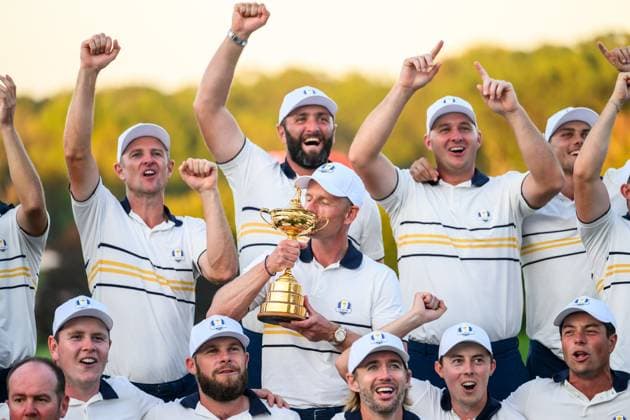 250928 Team Captain Luke Donald of Team Europe celebrates after winning the Ryder Cup on day 3 of the Ryder Cup on September 28, 2025 in New York Photo Jesper Zerman BILDBYRAN kod JZ JZ0619 golf ryder cup day 3 bbeng jubel  Copyright: JESPERxZERMAN BB250928JZ088