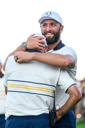 250928 Vice Captain JosÃ MariaOlazabal and Jon Rahm of Team Europe celebrate during a singles match on day 3 of the Ryder Cup on September 28, 2025 in New York Photo Jesper Zerman BILDBYRAN kod JZ JZ0619 golf ryder cup day 3 bbeng jubel  Copyright: JESPERxZERMAN BB250928JZ102