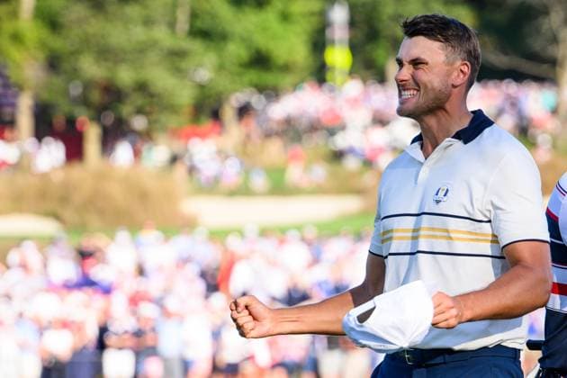 250928 Ludvig Aberg of Team Europe celebrates during a singles match on day 3 of the Ryder Cup on September 28, 2025 in New York Photo Jesper Zerman BILDBYRAN kod JZ JZ0619 golf ryder cup day 3 bbeng jubel  Copyright: JESPERxZERMAN BB250928JZ105