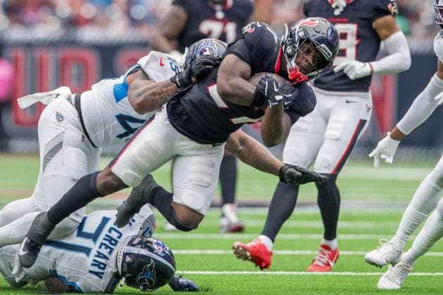 September 28, 2025: Houston Texans running back Woody Marks (27) fights for a first down during a game between the Tennessee Titans and the Houston Texans in Houston, TX. .. CSM - ZUMAc04_ 20250928_zma_c04_244 Copyright: xTraskxSmithx