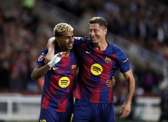 September 28, 2025, Sabadell, Barcelona, Spain: Barcelona Spain 28.09.2025 Robert Lewandowski FC Barcelona, Barca and Lamine Yamal (FC Barcelona ) celebrates after scoring his team s second goal during the La Liga EA Sports between FC Barcelona and Real Sociedad at Estadi Olimpic Lluis Companys on 28 September 2025 in Barcelona. Sabadell Spain - ZUMAu50_ 20250928_zsp_u50_056 Copyright: xXavixUrgelesx