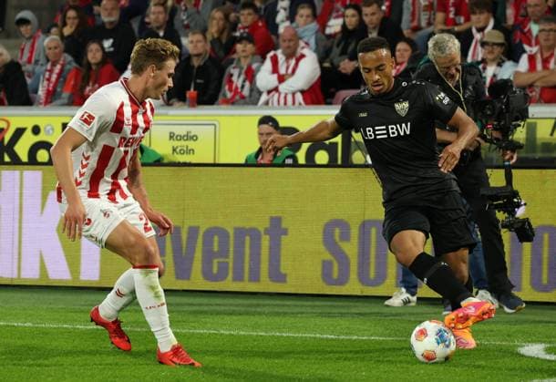 v l Sebestian Sebulonsen 1 FC Koeln 28 , Jamie Leweling VfB Stuttgart 18 GER, 1 FC Koeln vs VfB Stuttgart, Football, Bundesliga, Matchday 5, Season 2025 2026, 28 09 2025 DFL DFB REGULATIONS PROHIBIT ANY USE OF PHOTOGRAPHS as IMAGE SEQUENCES and or QUASI VIDEO GER, 1 FC Koeln vs VfB Stuttgart, Football, Bundesliga, Matchday 5, Season 2025 2026, 28 09 2025 Koeln Copyright: xEibner-Pressefotox xThomasxStoeckerx EP_TSR