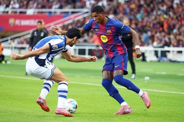 FC Barcelona, Barca v Real Sociedad - LaLiga EA Sports Marcus Rashford and Goncalo Guedes play during the match between FC Barcelona and Real Sociedad, corresponding to week 7 of LaLiga EA Sports, at the Lluis Companys Stadium in Barcelona, Spain, on September 28, 2025. Barcelona Barcelona Spain  Copyright: xUrbanandsportx originalFilename:urbanandsport-fcbarcel250928_npSag.jpg