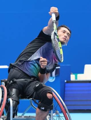 September 29, 2025, Tokyo, Japan - Japan s wheelchair tennis player Daisuke Arai delivers a service against his compatriot Tokito Oda during the final of the Japan Open Wheelchair Tennis tournament in Tokyo on Monday, September 29, 2025. World champion Oda defeated Arai 6-0, 6-0 and won the championships. (photo by Yoshio Tsunoda AFLO) Noxthirdxpartyxsales  aflo_305197800