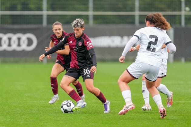 DFB Pokal Frauen FC Ingolstadt 04 1 FC Nürnberg 28 09 2025 On the ball Aneta Polaskova 1 FC Nürnberg, 26 , Mara Winter FC Ingolstadt, 2 , DFB Pokal Frauen FC Ingolstadt 04 vs 1 FC Nürnberg on 28 09 2025 at Audi Sportpark in Ingolstadt DFB REGULATION PROHIBIT ANY USE OF PHOTOGRAPHS AS IMAGE SEQUENCES AND OR QUASI VIDEO Copyright: xBEAUTIFULxSPORTS Eimertenbrinkx