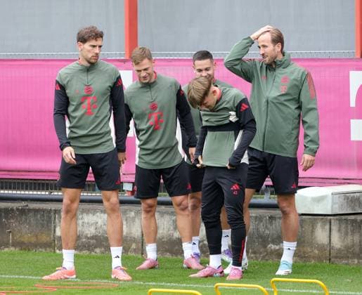 20 09 2025, Final training, FC Bayern Muenchen Saebenerstrasse, Football Sport, in the picture Leon Goretzka FC Bayern Muenchen , Joshua Kimmich FC Bayern Muenchen , Raphael Guerreiro FC Bayern Muenchen , Lennart Karl FC Bayern Muenchen , Harry Kane FC Bayern Muenchen