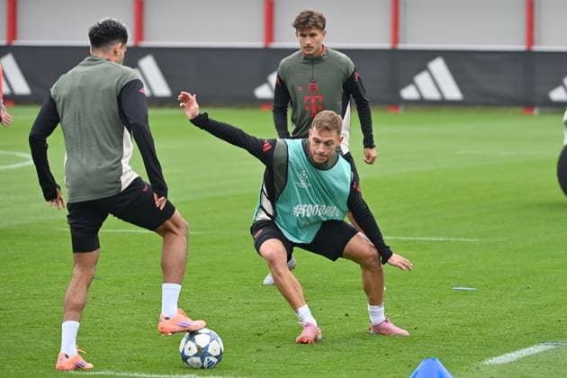 Aleksandar PAVLOVIC Bayern Muenchen , action,duel against Joshua KIMMICH Bayern Muenchen , hi Tom BISCHOF Bayern Muenchen final training on 29 09 2025 Football Champions League,season 2025 26 FC Pafos FC Bayern Muenchen