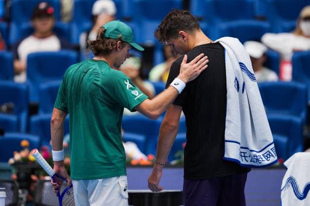 (250929) -- BEIJING, Sept. 29, 2025 -- Alex De Minaur (L) communicates with Jakub Mensik after the men s singles quarterfinal match between Alex De Minaur of Australia and Jakub Mensik of the Czech Republic at 2025 China Open tennis tournament in Beijing, China, Sept. 29, 2025. Nayuqi) (SP)CHINA-BEIJING-TENNIS-CHINA OPEN-MEN S SINGLES-QUARTERFINALS(CN) NaxYuqi 
