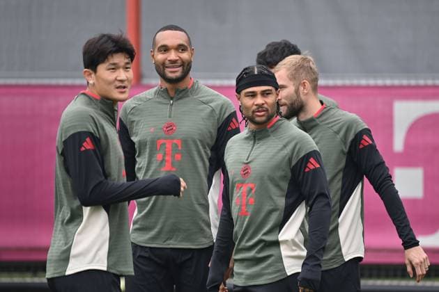 from left Minjae KIM FC Bayern Muenchen , Jonathan TAH Bayern Muenchen , Serge GNABRY FC Bayern Muenchen Konrad LAIMER Bayern Muenchen final training on 29 09 2025 Football Champions League,Season 2025 26 FC Pafos FC Bayern Muenchen