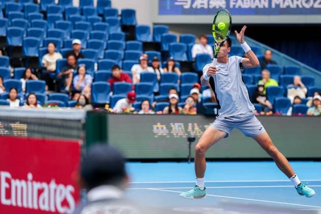 BEIJING, CHINA - SEPTEMBER 29: Fabian Marozsan of Hungary competes in the Men s Singles Quarterfinal match against Jannik Sinner of Italy on day 8 of the 2025 China Open at the National Tennis Center on September 29, 2025 in Beijing, China.  Copyright: xVCGx 111593954156
