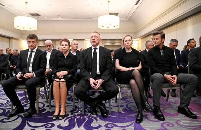 Zagreb, Croatia, 290925. Sheraton Hotel. Commemoration for the celebrated tennis coach and national team, Nationalteam coach Nikola Pilic. In the photo: Zdravko Maric, Mija Pilic, Boris Becker, Danijela Pilic, Niko Pilic. Photo: Ronald Gorsic CROPIX Copyright: xxRonaldxGorsicx pilic_komemoracija12-290925