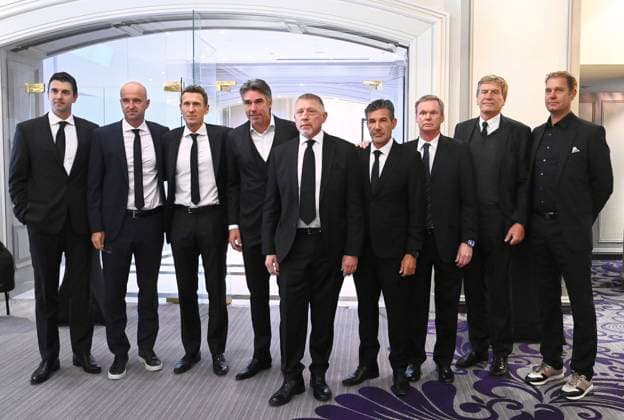 Zagreb, Croatia, 290925. Sheraton Hotel. Commemoration for the celebrated tennis coach and national team, Nationalteam coach Nikola Pilic. In the photo: Mario Ancic, Ivan Ljubicic, Michael Stich, Boris Becker. Photo: Ronald Gorsic CROPIX Copyright: xxRonaldxGorsicx pilic_komemoracija19-290925