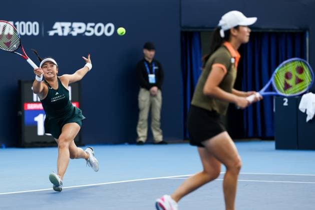 BEIJING, CHINA - SEPTEMBER 29: Eri Hozumi of Japan and Wu Fang-Hsien of Chinese Taipei compete in the Women s Doubles Round of 16 match against Laura Siegemund of Germany and Kamilla Rakhimova on day 8 of the 2025 China Open at National Tennis Center on September 29, 2025 in Beijing, China.  Copyright: xVCGx 111593980647