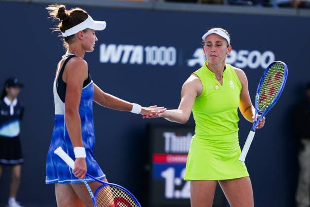BEIJING, CHINA - SEPTEMBER 29: Miyu Kato of Japan and Fanny Stollar of Hungary react in the Women s Doubles Round of 16 match against Veronika Kudermetova and Elise Mertens of Belgium on day 8 of the 2025 China Open at National Tennis Center on September 29, 2025 in Beijing, China.  Copyright: xVCGx 111593946230