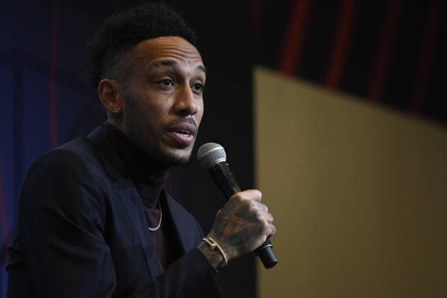 Barcelona s new player Gabonese forward Pierre-Emerick Aubameyang BARCELONA, SPAIN - FEB 3: Barcelona s new player Gabonese forward Pierre-Emerick Aubameyang during a press conference, PK, Pressekonferenz for his official presentation, at the Camp Nou stadium in Barcelona, Spain on February 3, 2022. Spain World. Editorial use only. Please get in touch for any other usage.  Copyright: x2025xAnadoluxAdriaxPuigx