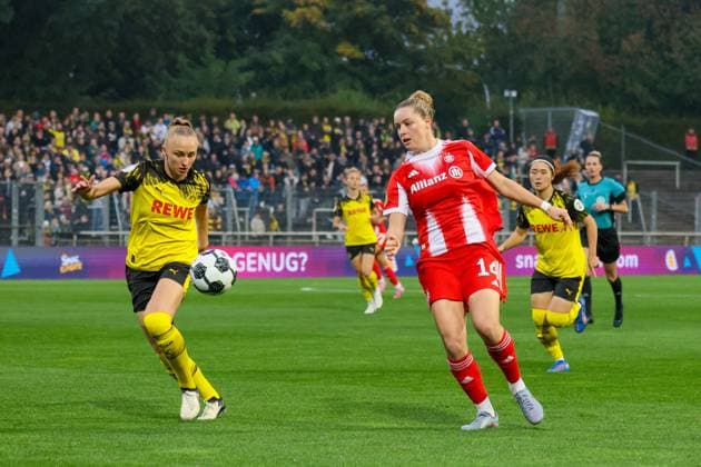 Dortmund, Germany 29 September 2025 DFB Pokal Women 2025 2026 Borussia Dortmund vs FC Bayern Munich In the picture v li Frederike Kempe BVB and Alara FCB DFB regulations prohibit any use of photographs as image sequences and or quasi video Stadion Rote Erde Nordrhein Westfalen Copyright: xFotostandx xFantinix