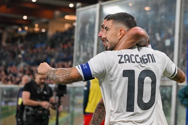 LazioÕs Mattia Zaccagni celebrates after scoring a goal for his team during the Serie A soccer match between Genoa and Lazio at the Luigi Ferraris Stadium in Genoa, Italy - Monday, September 29, 2025. - Soccer .  Copyright: xTanoxPecoraro LaPressex