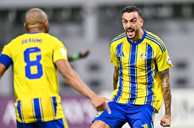 AFC CHAMPIONS LEAGUE ELITE, AL GHARAFA SC (QAT) AL SHORTA (IRQ) Jose Luis Mato (R) of Al Gharafa SC celebrates after scoring the opening goal during the AFC Champions League elite west football match between Qatar s Al Gharafa SC and IraqÕs Al Shorta at Khalifa International Stadium in Doha, Qatar, on November 29, 2025 DOHA Qatar Copyright: xNAUSHADx