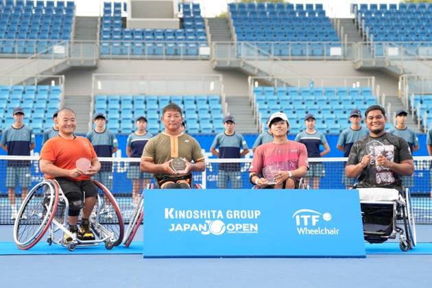 (L-R) Naofumi Kono (JPN), Yoshinobu Fujimoto (JPN), Shogo Takano (JPN), Mohamad Yusshazwan Yusoff (MAS), SEPTEMBER 29, 2025 - Tennis : Victory Ceremony at Ariake Tennis Forest Park during Kinoshita Group Japan Open Wheelchair Tennis Championship 2025 in Tokyo, Japan. Noxthirdxpartyxsales  aflo_305254046