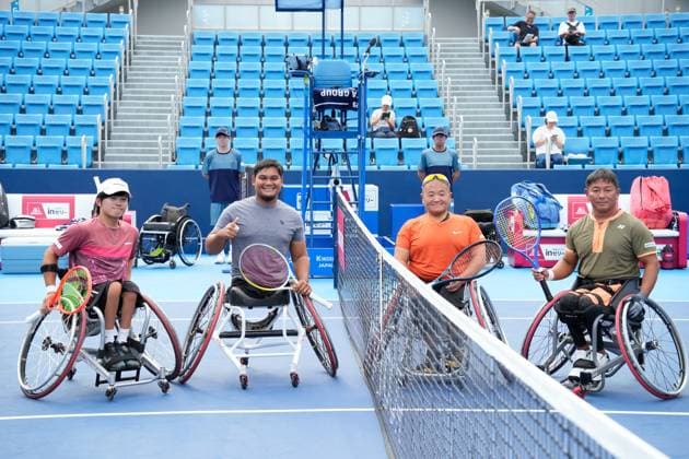 (L-R) Shogo Takano (JPN), Mohamad Yusshazwan Yusoff (MAS), Naofumi Kono (JPN), Yoshinobu Fujimoto (JPN), SEPTEMBER 29, 2025 - Tennis : Doubles Final match at Ariake Tennis Forest Park during Kinoshita Group Japan Open Wheelchair Tennis Championship 2025 in Tokyo, Japan. Noxthirdxpartyxsales  aflo_305254122