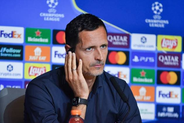 September 29, 2025, Madrid, Spain: Dino Toppmoller, head coach of Eintracht Frankfurt, attends a press conference, PK, Pressekonferenz ahead of their UEFA Champions League 2025 26 match against Atletico de Madrid at Riyadh Air Metropolitano. Madrid Spain - ZUMAs197 20250929_aaa_s197_298 Copyright: xAtilanoxGarciax