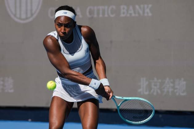 BEIJING, CHINA - SEPTEMBER 30: Coco Gauff of the United States returns a shot in the Women s Singles Round of 16 match against Belinda Bencic of Switzerland on day 9 of the 2025 China Open at the National Tennis Center on September 30, 2025 in Beijing, China.  Copyright: xVCGx 111594160521