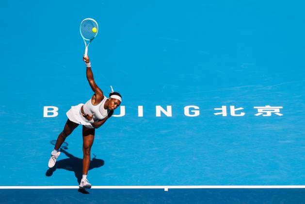 BEIJING, CHINA - SEPTEMBER 30: Coco Gauff of the United States returns a shot in the Women s Singles Round of 16 match against Belinda Bencic of Switzerland on day 9 of the 2025 China Open at the National Tennis Center on September 30, 2025 in Beijing, China.  Copyright: xVCGx 111594162554