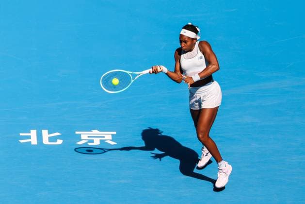BEIJING, CHINA - SEPTEMBER 30: Coco Gauff of the United States returns a shot in the Women s Singles Round of 16 match against Belinda Bencic of Switzerland on day 9 of the 2025 China Open at the National Tennis Center on September 30, 2025 in Beijing, China.  Copyright: xVCGx 111594162599