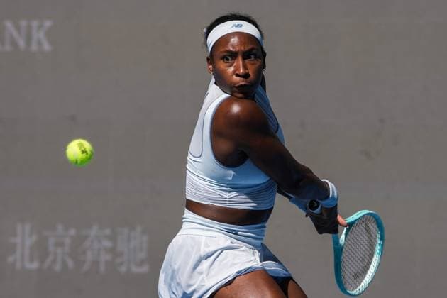 BEIJING, CHINA - SEPTEMBER 30: Coco Gauff of the United States returns a shot in the Women s Singles Round of 16 match against Belinda Bencic of Switzerland on day 9 of the 2025 China Open at the National Tennis Center on September 30, 2025 in Beijing, China.  Copyright: xVCGx 111594162634