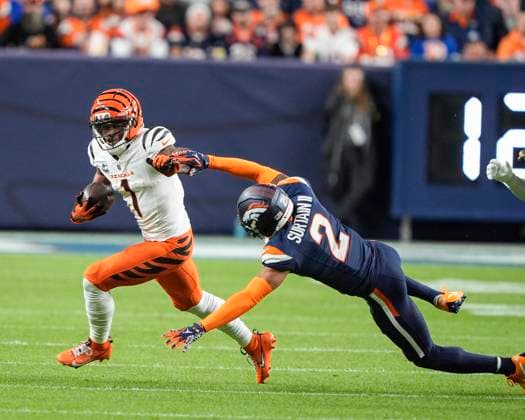 September 29, 2025: Cincinnati Bengals wide receiver Ja Marr Chase (1) makes Denver Broncos cornerback Pat Surtain II (2) miss in the first half of the football game between the Denver Broncos and Cincinnati Bengals. CSM. - ZUMAc04_ 20250929_zma_c04_050 Copyright: xDerekxRegensburgerx