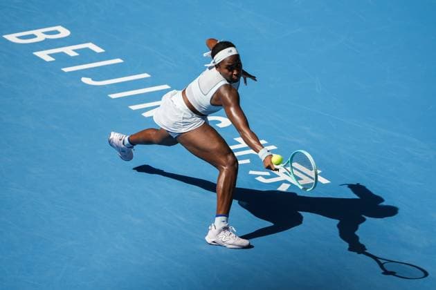 BEIJING, CHINA - SEPTEMBER 30: Coco Gauff of the United States returns a shot in the Women s Singles Round of 16 match against Belinda Bencic of Switzerland on day 9 of the 2025 China Open at the National Tennis Center on September 30, 2025 in Beijing, China.  Copyright: xVCGx 111594169613