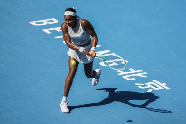 BEIJING, CHINA - SEPTEMBER 30: Coco Gauff of the United States returns a shot in the Women s Singles Round of 16 match against Belinda Bencic of Switzerland on day 9 of the 2025 China Open at the National Tennis Center on September 30, 2025 in Beijing, China.  Copyright: xVCGx 111594169092