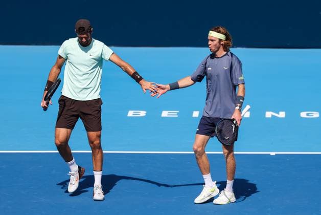 BEIJING, CHINA - SEPTEMBER 30: Karen Khachanov and Andrey Rublev react in the Men s Doubles Semifinal match against Benjamin Bonzi of France and Tallon Griekspoor of Netherlands on day 9 of the 2025 China Open at the National Tennis Center on September 30, 2025 in Beijing, China.  Copyright: xVCGx 111594168726
