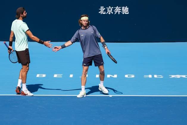 BEIJING, CHINA - SEPTEMBER 30: Karen Khachanov and Andrey Rublev react in the Men s Doubles Semifinal match against Benjamin Bonzi of France and Tallon Griekspoor of Netherlands on day 9 of the 2025 China Open at the National Tennis Center on September 30, 2025 in Beijing, China.  Copyright: xVCGx 111594168757