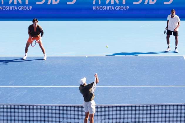 September 30, 2025, Tokyo, Japan: (Bottom) Hugo NYS (MON) in action against (R) Rohan BOPANNA (IND) and (L) Takeru YUZUKI (JPN) during the Doubles Final match of the Japan Open Tennis Championships at Ariake Colosseum in Tokyo. The tournament runs from September 22 to 30. Tokyo Japan - ZUMAm191 20250930_aap_m191_005 Copyright: xRodrigoxReyesxMarinx