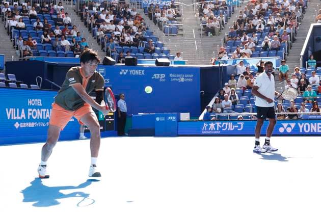 September 30, 2025, Tokyo, Japan: (L to R) Takeru YUZUKI (JPN) and Rohan BOPANNA (IND) in action against Hugo NYS (MON) and Edouard ROGER-VASSELIN (FRA) during the Doubles Final match of the Japan Open Tennis Championships at Ariake Colosseum in Tokyo. The tournament runs from September 22 to 30. Tokyo Japan - ZUMAm191 20250930_aap_m191_011 Copyright: xRodrigoxReyesxMarinx