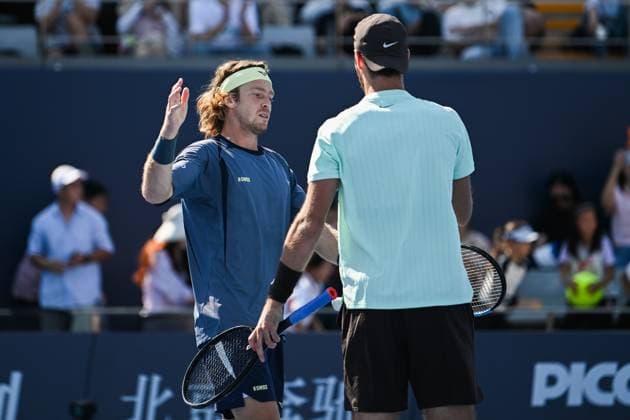 BEIJING, CHINA - SEPTEMBER 30: Karen Khachanov and Andrey Rublev compete in the Men s Doubles Semifinal match against Benjamin Bonzi of France and Tallon Griekspoor of Netherlands on day 9 of the 2025 China Open at the National Tennis Center on September 30, 2025 in Beijing, China.  Copyright: xVCGx 111594176735