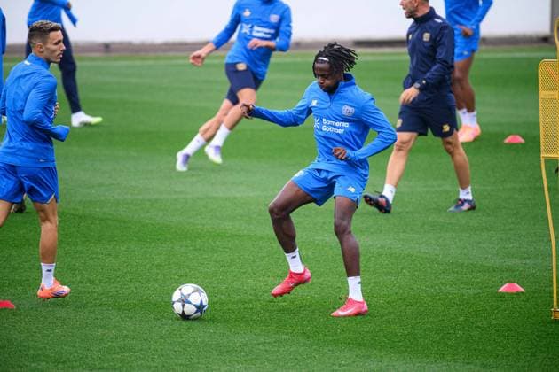 LEVERKUSEN, GERMANY - 30 SEPTEMBER, 2025: Naba Mensah - UEFA Champions League, MD-1, practice FC Bayer 04 Leverkusen at BayArena.  Copyright: xVITALIIxKLIUIEVx
