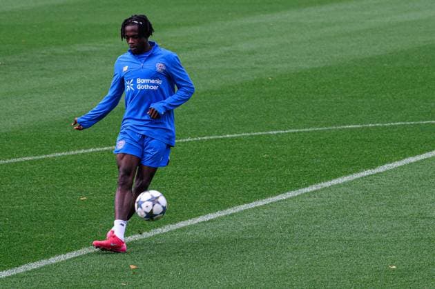 LEVERKUSEN, GERMANY - 30 SEPTEMBER, 2025: Naba Mensah - UEFA Champions League, MD-1, practice FC Bayer 04 Leverkusen at BayArena.  Copyright: xVITALIIxKLIUIEVx