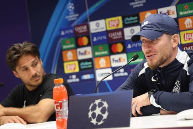 Union s Kevin Mac Allister and Union s head coach Sebastien Pocognoli pictured during a press conference, PK, Pressekonferenz of Belgian soccer team Royale Union Saint-Gilloise in Brussels, on Tuesday 30 September 2025. The team prepares for tomorrow s match against English team Newcastle United FC, on the second day of the League phase of the UEFA Champions League tournament. VIRGINIExLEFOUR  x135711330x