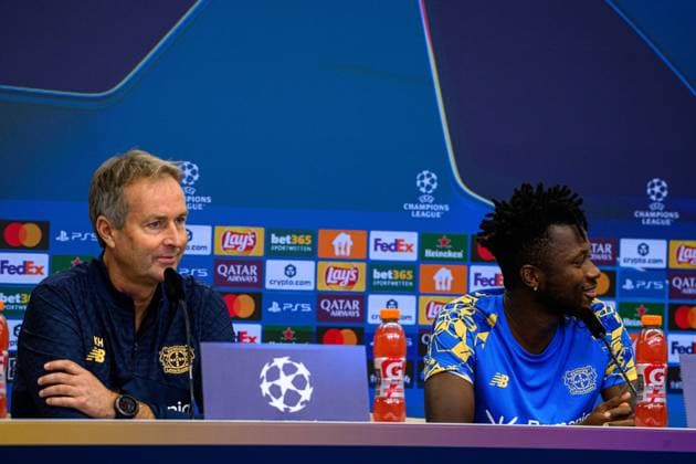 LEVERKUSEN, GERMANY - 30 SEPTEMBER, 2025: Kasper Hjulmand, Edmond Tapsoba - UEFA Champions League, MD-1, press conference, PK, Pressekonferenz at BayArena.  Copyright: xx