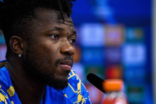 LEVERKUSEN, GERMANY - 30 SEPTEMBER, 2025: Edmond Tapsoba - UEFA Champions League, MD-1, press conference, PK, Pressekonferenz at BayArena.  Copyright: xx