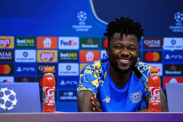 LEVERKUSEN, GERMANY - 30 SEPTEMBER, 2025: Edmond Tapsoba - UEFA Champions League, MD-1, press conference, PK, Pressekonferenz at BayArena.  Copyright: xx