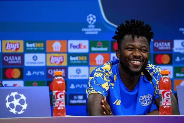 LEVERKUSEN, GERMANY - 30 SEPTEMBER, 2025: Edmond Tapsoba - UEFA Champions League, MD-1, press conference, PK, Pressekonferenz at BayArena.  Copyright: xx
